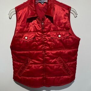 Vintage Tommy Jeans Women's Red Satin Collared Full Zip Puffer Vest Medium